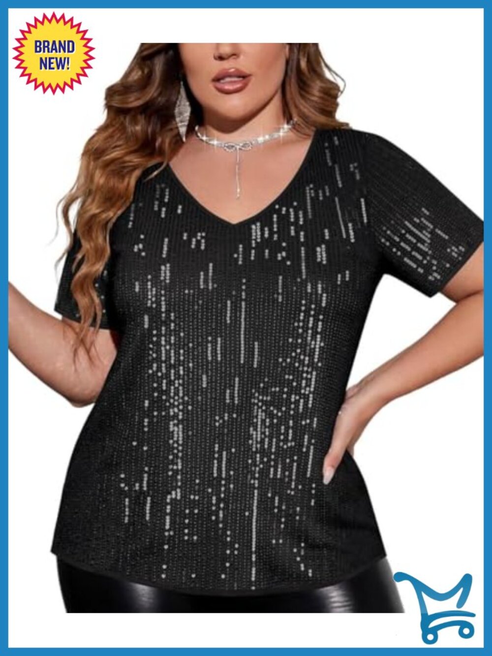 Plus Size Sequin Tunic Top Short Sleeve V-Neck Party Sparkly Womens Shirt
